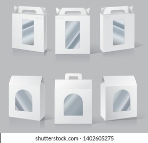 Set of blank white packaging boxes with window. Three different positions. Vector illustration