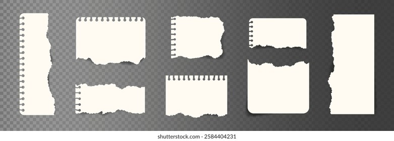 Set of blank white paper notebook page with ripped edges. Realistic Torn paper pieces. Template for note message, school information, reminder, banner, collage, label