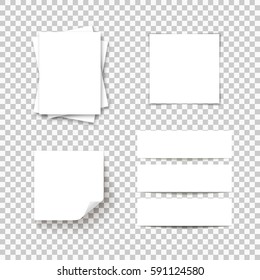Set of blank white paper on transparent background. Booklet, postcard, flyer, business card or brochure mockup. Vector Illustration