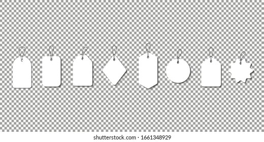Set blank white paper price tags or gift tags. Paper labels with cord. Set template shopping labels with shadow - stock vector.