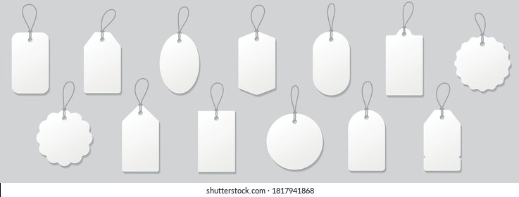 Set blank white paper price tags or gift tags. Paper labels with cord. Set template shopping labels with shadow - stock vector.