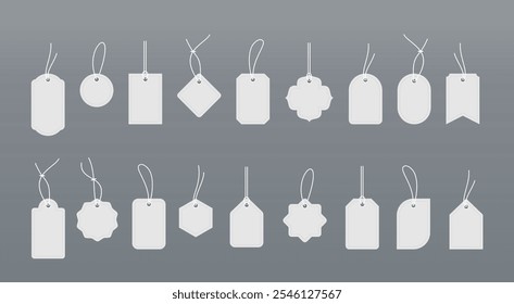 Set blank white paper price tags or gift tags. Paper labels with cord editable eps-10