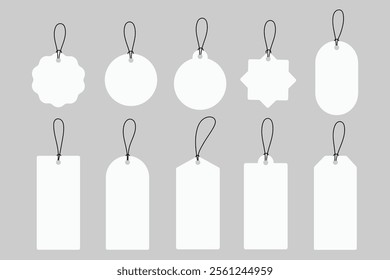 Set of blank white paper price tags or gift tags. Paper labels with cord. White tag. Vector illustration.