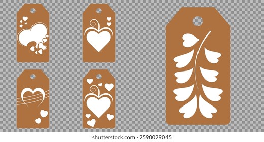 Set blank white paper price tags or gift tags. Set of gift or price tags shapes with hearts and love. Vector templates for cutting. Valentine's Day tag stencils. Mock up paper price tags