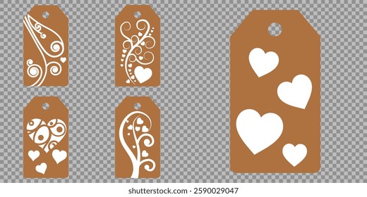 Set blank white paper price tags or gift tags. Set of gift or price tags shapes with hearts and love. Vector templates for cutting. Valentine's Day tag stencils. Mock up paper price tags