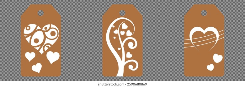 Set blank white paper price tags or gift tags. Set of gift or price tags shapes with hearts and love. Vector templates for cutting. Valentine's Day tag stencils. Mock up paper price tags