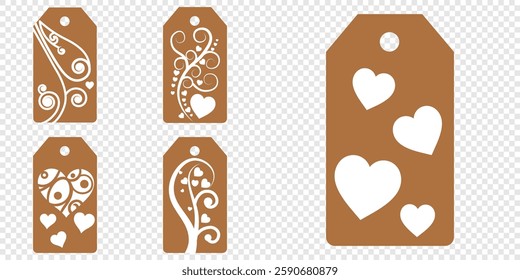 Set blank white paper price tags or gift tags. Set of gift or price tags shapes with hearts and love. Vector templates for cutting. Valentine's Day tag stencils. Mock up paper price tags