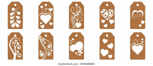 Set blank white paper price tags or gift tags. Set of gift or price tags shapes with hearts and love. Vector templates for cutting. Valentine's Day tag stencils. Mock up paper price tags
