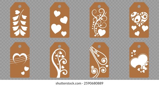 Set blank white paper price tags or gift tags. Set of gift or price tags shapes with hearts and love. Vector templates for cutting. Valentine's Day tag stencils. Mock up paper price tags