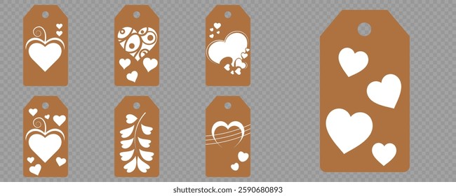 Set blank white paper price tags or gift tags. Set of gift or price tags shapes with hearts and love. Vector templates for cutting. Valentine's Day tag stencils. Mock up paper price tags