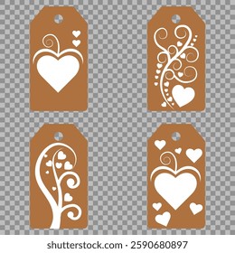 Set blank white paper price tags or gift tags. Set of gift or price tags shapes with hearts and love. Vector templates for cutting. Valentine's Day tag stencils. Mock up paper price tags