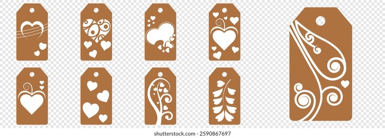 Set blank white paper price tags or gift tags. Set of gift or price tags shapes with hearts and love. Vector templates for cutting. Valentine's Day tag stencils. Mock up paper price tags