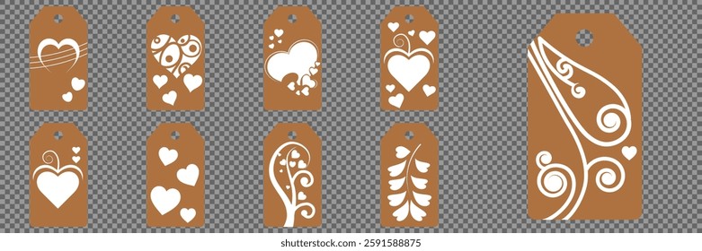 Set blank white paper price tags or gift tags. Set of gift or price tags shapes with hearts and love. Vector templates for cutting. Valentine's Day tag stencils. Mock up paper price tags