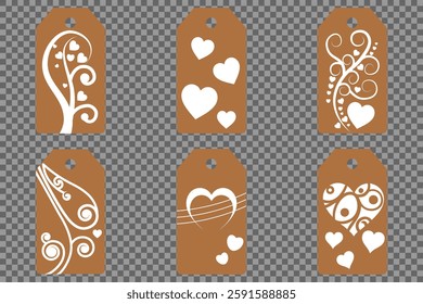 Set blank white paper price tags or gift tags. Set of gift or price tags shapes with hearts and love. Vector templates for cutting. Valentine's Day tag stencils. Mock up paper price tags