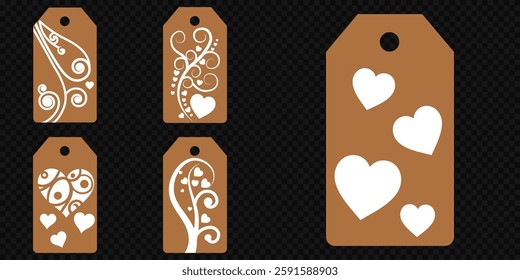 Set blank white paper price tags or gift tags. Set of gift or price tags shapes with hearts and love. Vector templates for cutting. Valentine's Day tag stencils. Mock up paper price tags