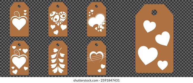 Set blank white paper price tags or gift tags. Set of gift or price tags shapes with hearts and love. Vector templates for cutting. Valentine's Day tag stencils. Mock up paper price tags