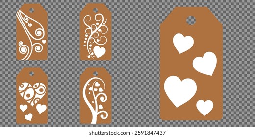 Set blank white paper price tags or gift tags. Set of gift or price tags shapes with hearts and love. Vector templates for cutting. Valentine's Day tag stencils. Mock up paper price tags
