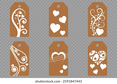 Set blank white paper price tags or gift tags. Set of gift or price tags shapes with hearts and love. Vector templates for cutting. Valentine's Day tag stencils. Mock up paper price tags