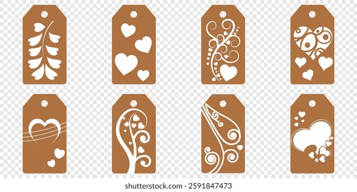 Set blank white paper price tags or gift tags. Set of gift or price tags shapes with hearts and love. Vector templates for cutting. Valentine's Day tag stencils. Mock up paper price tags