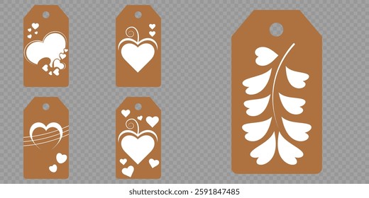 Set blank white paper price tags or gift tags. Set of gift or price tags shapes with hearts and love. Vector templates for cutting. Valentine's Day tag stencils. Mock up paper price tags