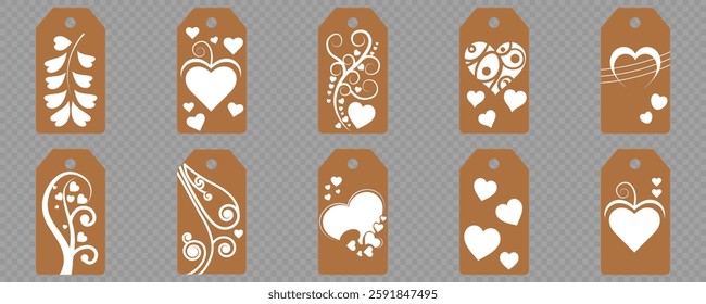 Set blank white paper price tags or gift tags. Set of gift or price tags shapes with hearts and love. Vector templates for cutting. Valentine's Day tag stencils. Mock up paper price tags