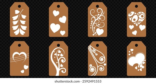 Set blank white paper price tags or gift tags. Set of gift or price tags shapes with hearts and love. Vector templates for cutting. Valentine's Day tag stencils. Mock up paper price tags