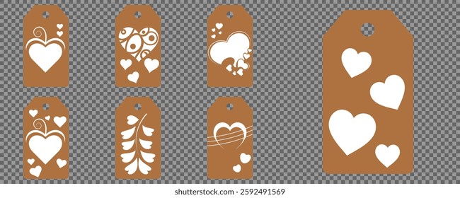 Set blank white paper price tags or gift tags. Set of gift or price tags shapes with hearts and love. Vector templates for cutting. Valentine's Day tag stencils. Mock up paper price tags