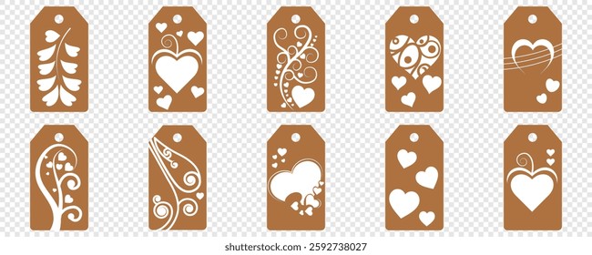 Set blank white paper price tags or gift tags. Set of gift or price tags shapes with hearts and love. Vector templates for cutting. Valentine's Day tag stencils. Mock up paper price tags