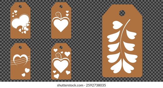 Set blank white paper price tags or gift tags. Set of gift or price tags shapes with hearts and love. Vector templates for cutting. Valentine's Day tag stencils. Mock up paper price tags