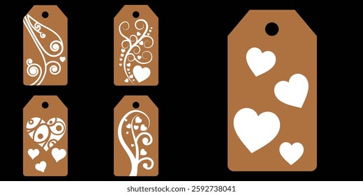 Set blank white paper price tags or gift tags. Set of gift or price tags shapes with hearts and love. Vector templates for cutting. Valentine's Day tag stencils. Mock up paper price tags