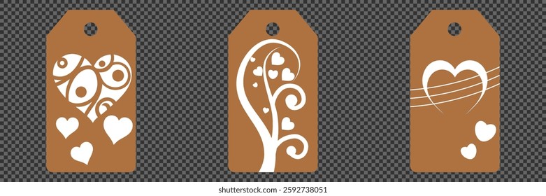Set blank white paper price tags or gift tags. Set of gift or price tags shapes with hearts and love. Vector templates for cutting. Valentine's Day tag stencils. Mock up paper price tags