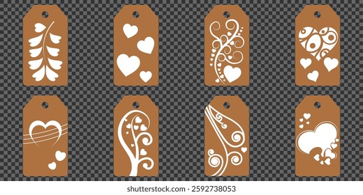 Set blank white paper price tags or gift tags. Set of gift or price tags shapes with hearts and love. Vector templates for cutting. Valentine's Day tag stencils. Mock up paper price tags