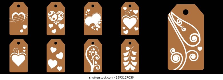 Set blank white paper price tags or gift tags. Set of gift or price tags shapes with hearts and love. Vector templates for cutting. Valentine's Day tag stencils. Mock up paper price tags