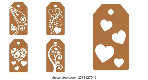 Set blank white paper price tags or gift tags. Set of gift or price tags shapes with hearts and love. Vector templates for cutting. Valentine's Day tag stencils. Mock up paper price tags