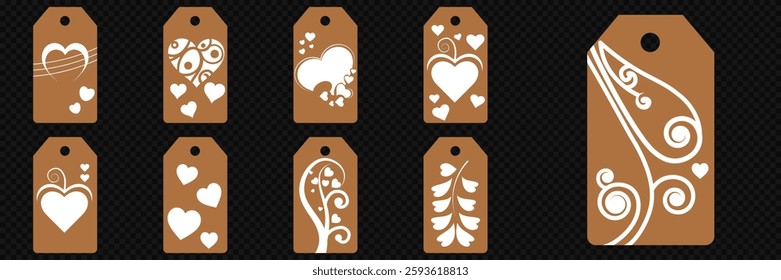 Set blank white paper price tags or gift tags. Set of gift or price tags shapes with hearts and love. Vector templates for cutting. Valentine's Day tag stencils. Mock up paper price tags