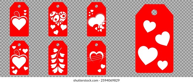 Set blank white paper price tags or gift tags. Set of gift or price tags shapes with hearts and love. Vector templates for cutting. Valentine's Day tag stencils. Mock up paper price tags