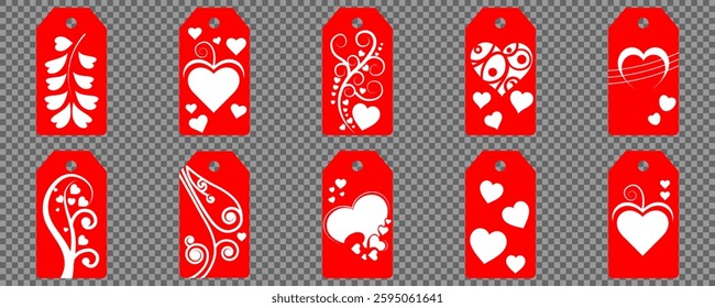 Set blank white paper price tags or gift tags. Set of gift or price tags shapes with hearts and love. Vector templates for cutting. Valentine's Day tag stencils. Mock up paper price tags