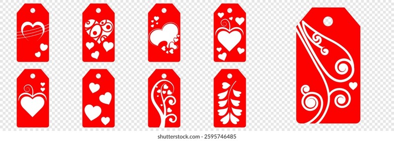 Set blank white paper price tags or gift tags. Set of gift or price tags shapes with hearts and love. Vector templates for cutting. Valentine's Day tag stencils. Mock up paper price tags