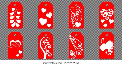 Set blank white paper price tags or gift tags. Set of gift or price tags shapes with hearts and love. Vector templates for cutting. Valentine's Day tag stencils. Mock up paper price tags