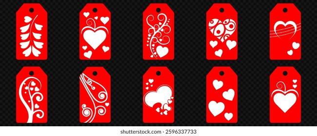Set blank white paper price tags or gift tags. Set of gift or price tags shapes with hearts and love. Vector templates for cutting. Valentine's Day tag stencils. Mock up paper price tags