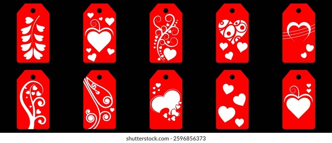 Set blank white paper price tags or gift tags. Set of gift or price tags shapes with hearts and love. Vector templates for cutting. Valentine's Day tag stencils. Mock up paper price tags