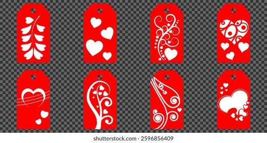Set blank white paper price tags or gift tags. Set of gift or price tags shapes with hearts and love. Vector templates for cutting. Valentine's Day tag stencils. Mock up paper price tags