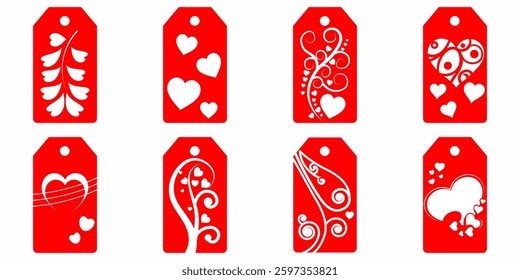 Set blank white paper price tags or gift tags. Set of gift or price tags shapes with hearts and love. Vector templates for cutting. Valentine's Day tag stencils. Mock up paper price tags