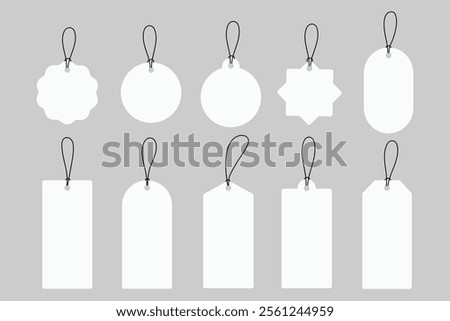 Set of blank white paper price tags or gift tags. Paper labels with cord. White tag. Vector illustration.