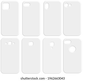 Set of blank white phone cases.Clean template cover smartphone.Mockup vector illustration.