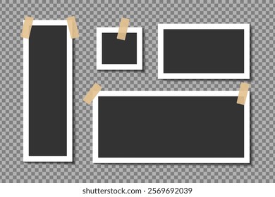 Set of blank white photo frames with shadows. Realistic photo templates with shadows. Isolated realistic vector illustration for prezintation. Vector frames on png background.