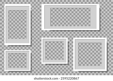 Set of blank white photo frames with shadows. Realistic photo templates with shadows. Isolated realistic vector illustration for prezintation. Vector frames on png background.
