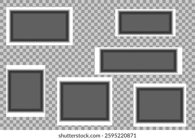 Set of blank white photo frames with shadows. Realistic photo templates with shadows. Isolated realistic vector illustration for prezintation. Vector frames on png background.