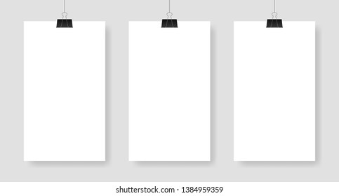 Set blank white poster template. Affiche, paper sheet hanging on a clip. Vector advertising banner mockup stand exhibit.