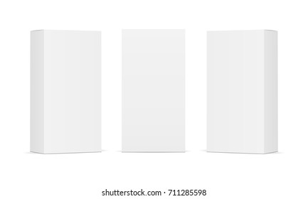 Set of blank white product packaging boxes isolated. Three rectangular templates in different positions for design or branding. Vector illustration